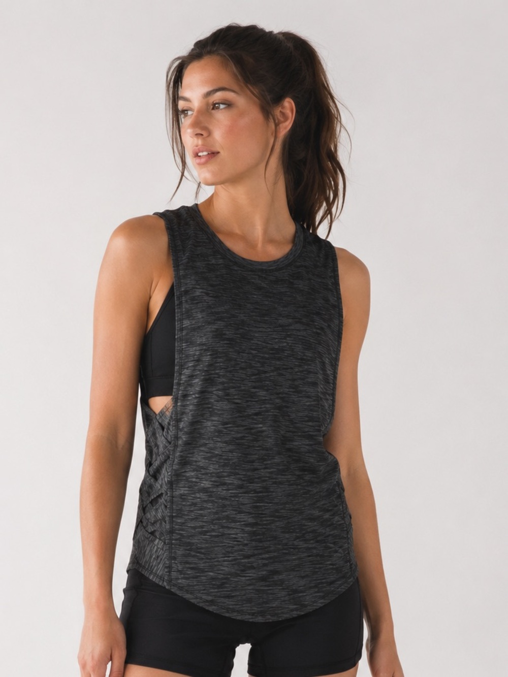 Lululemon Var-City Muscle Tank Heathered Gray Crisscross Cutout Workout Sz 4